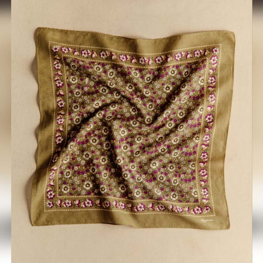 Sezane Olive Green and Magenta Floral Silk Scarf